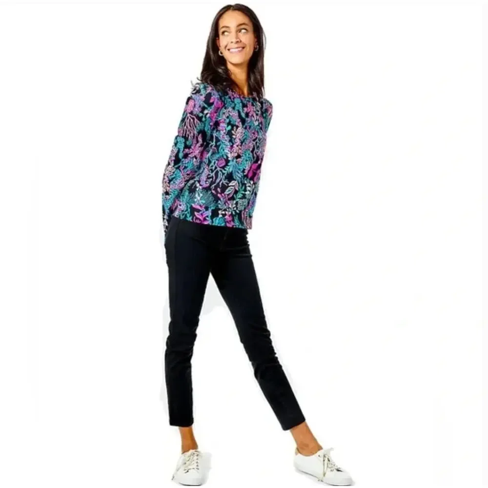 Lilly Pulitzer Jansen Sweatshirt S NWOT Onyx Twilight Coral Pink Blouse Coastal